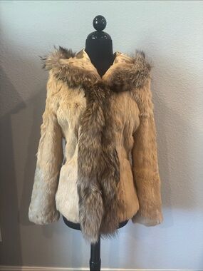 Vintage Women's Beige Rabbit Fur Teddy Jacket with Brown Trim Hood